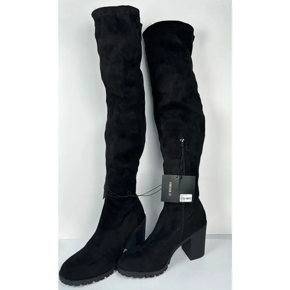 Forever 21 Womens Boots Sz 10 Over Knee Black Faux Suede 4 inch Chunky Heel NWT - Picture 1 of 3